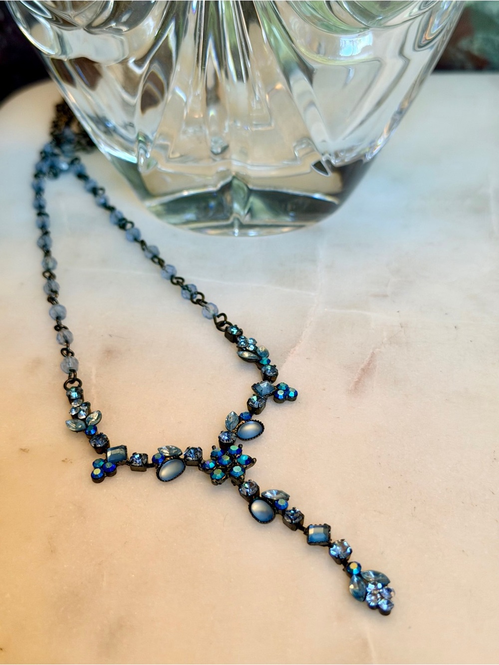 Cookie Lee Vintage Stunning Blue Aurora Borealis Crystal Y-Drop Lariat Necklace